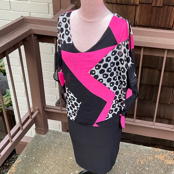 Frank Lyman  color block pink black 80’s VTG dress sheer abstract overlay, 6 - Picture 1 of 10